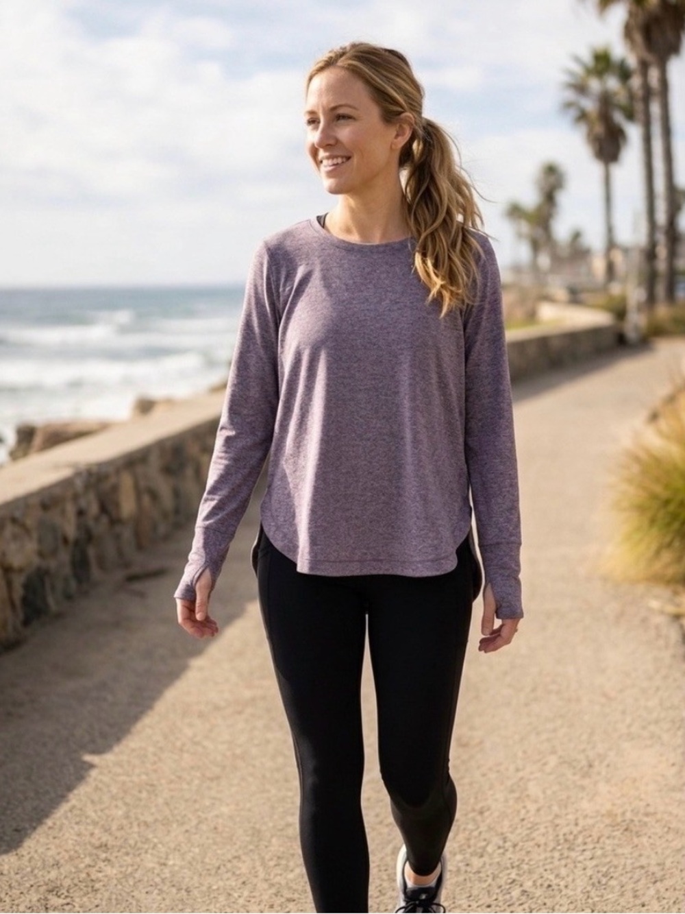 Athleta Women's Heathered Royal Blue Long-Sleeve Crew Top